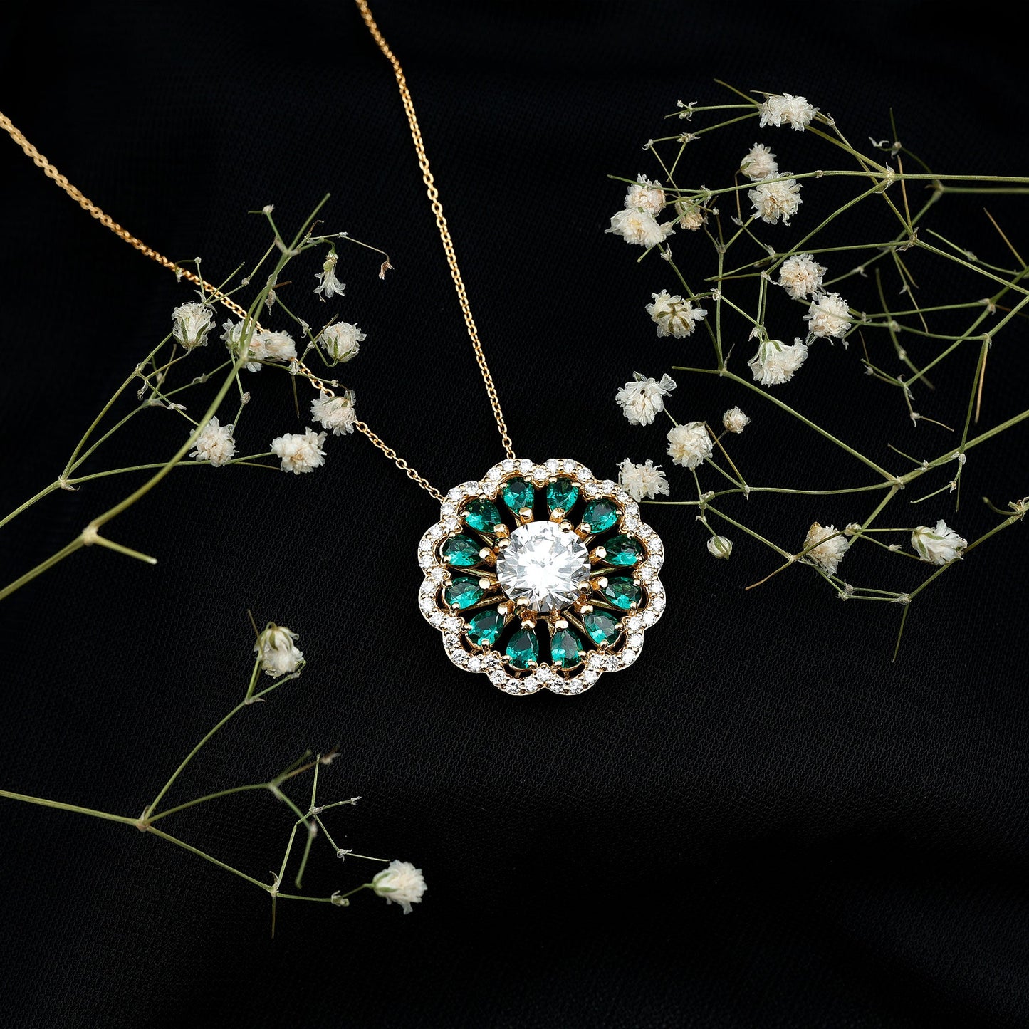 3 Carat Lab Grown Diamond Flower Bridal Necklace With Emerald
