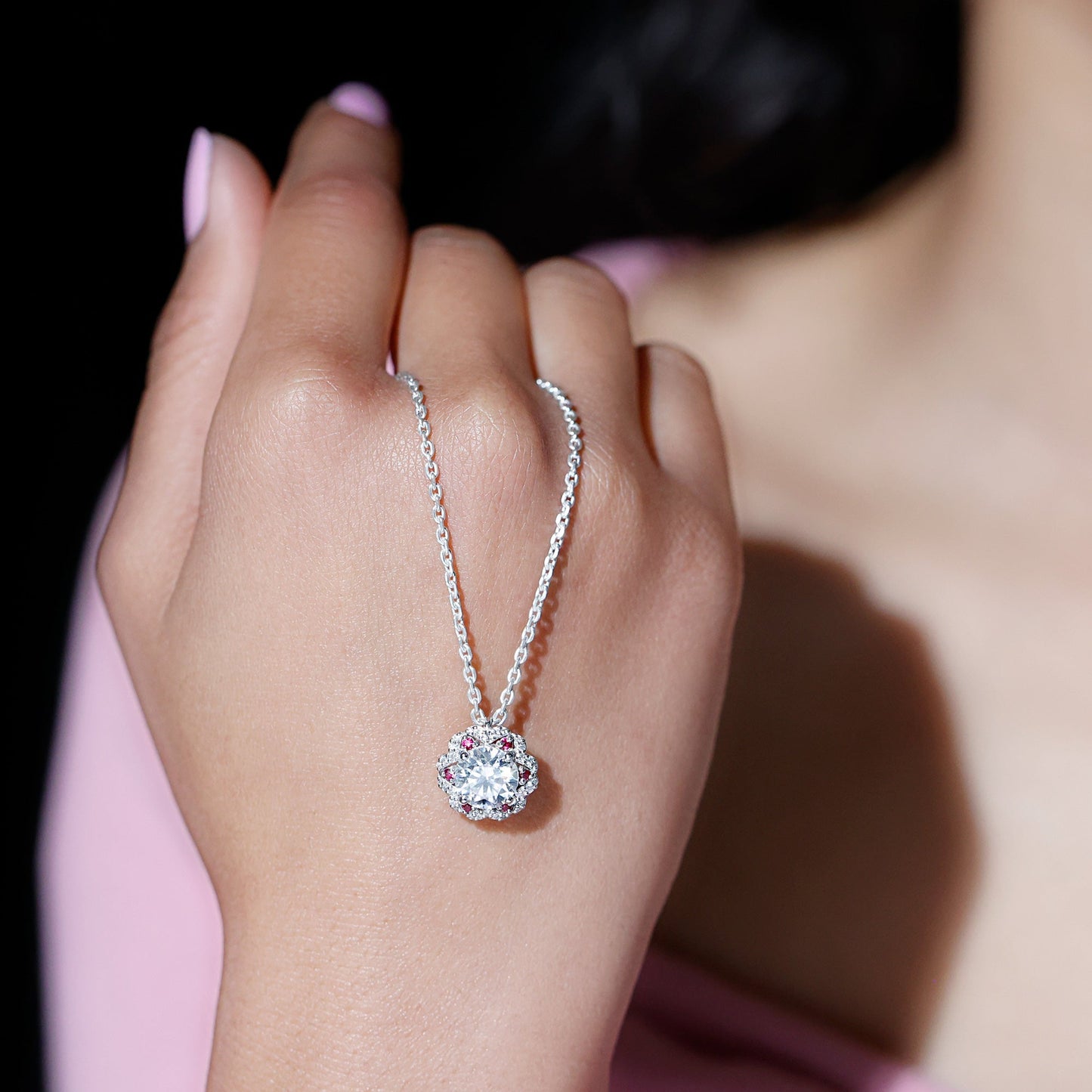 2 Carat Lab Grown Diamond Flower Statement Necklace With Ruby