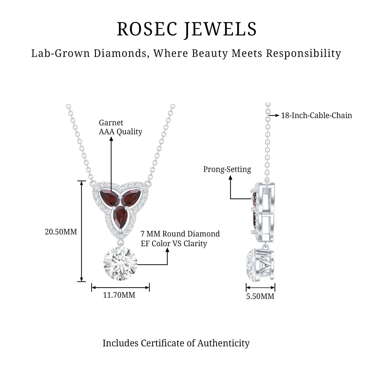 1.2 Carat Lab Grown Diamond Dangle Necklace With Garnet