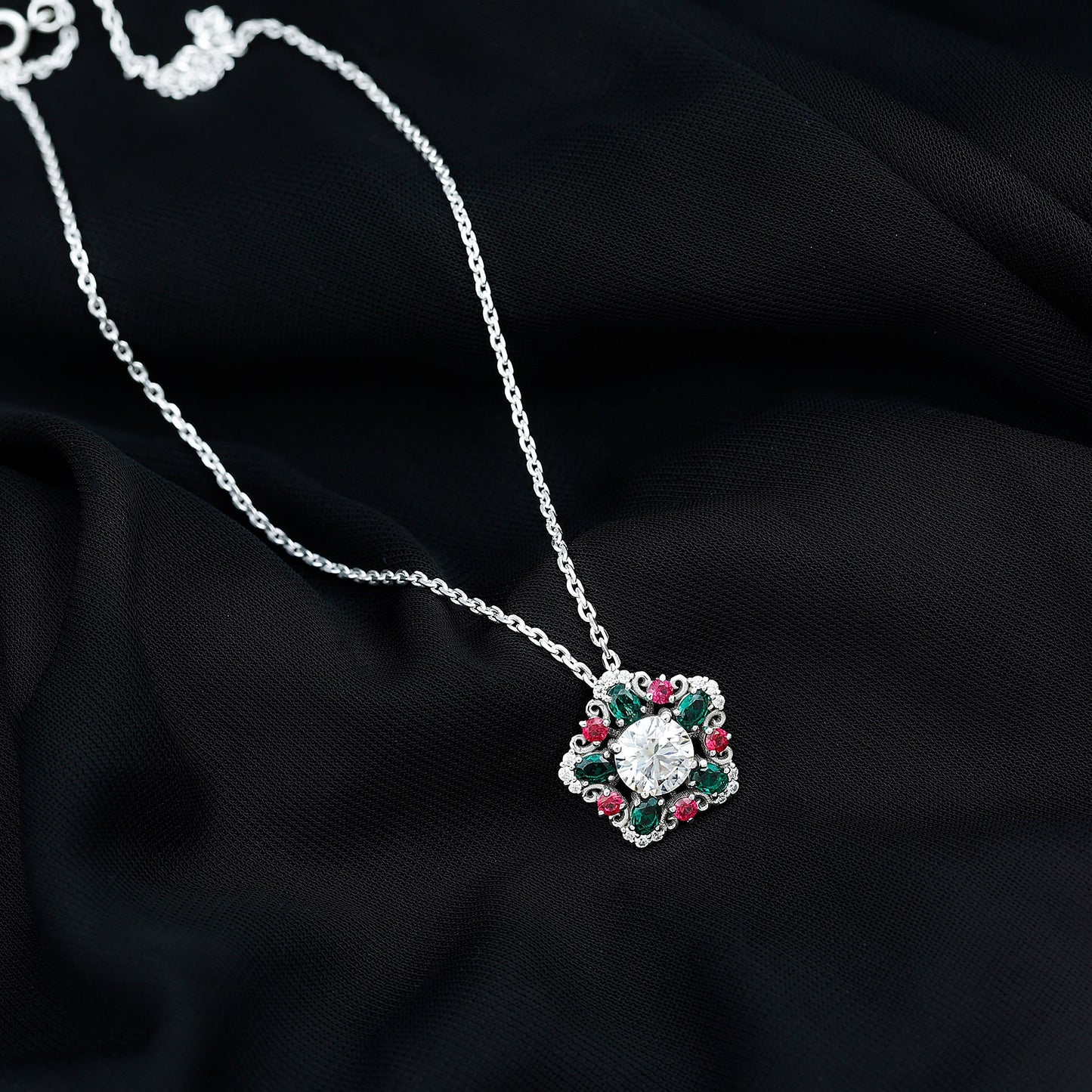 Lab Grown Diamond Cocktail Necklace With Emerald Ruby