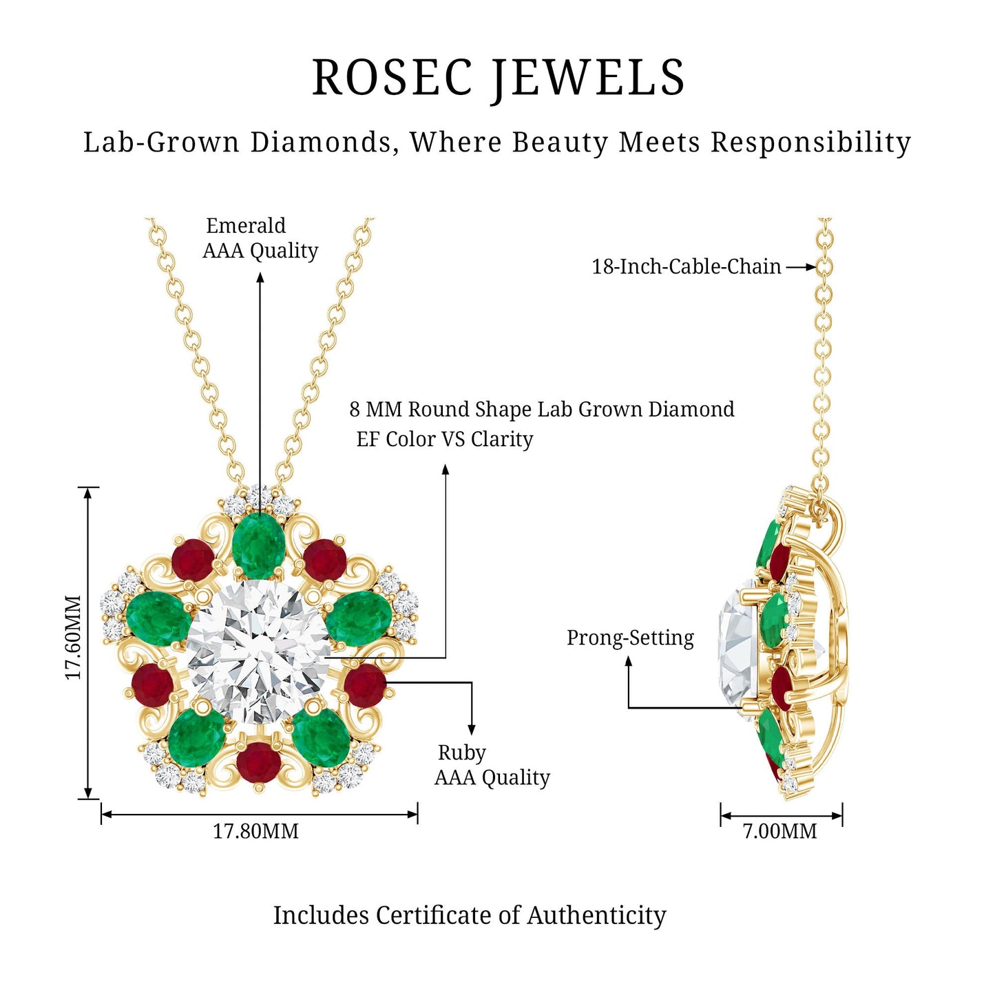 Lab Grown Diamond Cocktail Necklace With Emerald Ruby