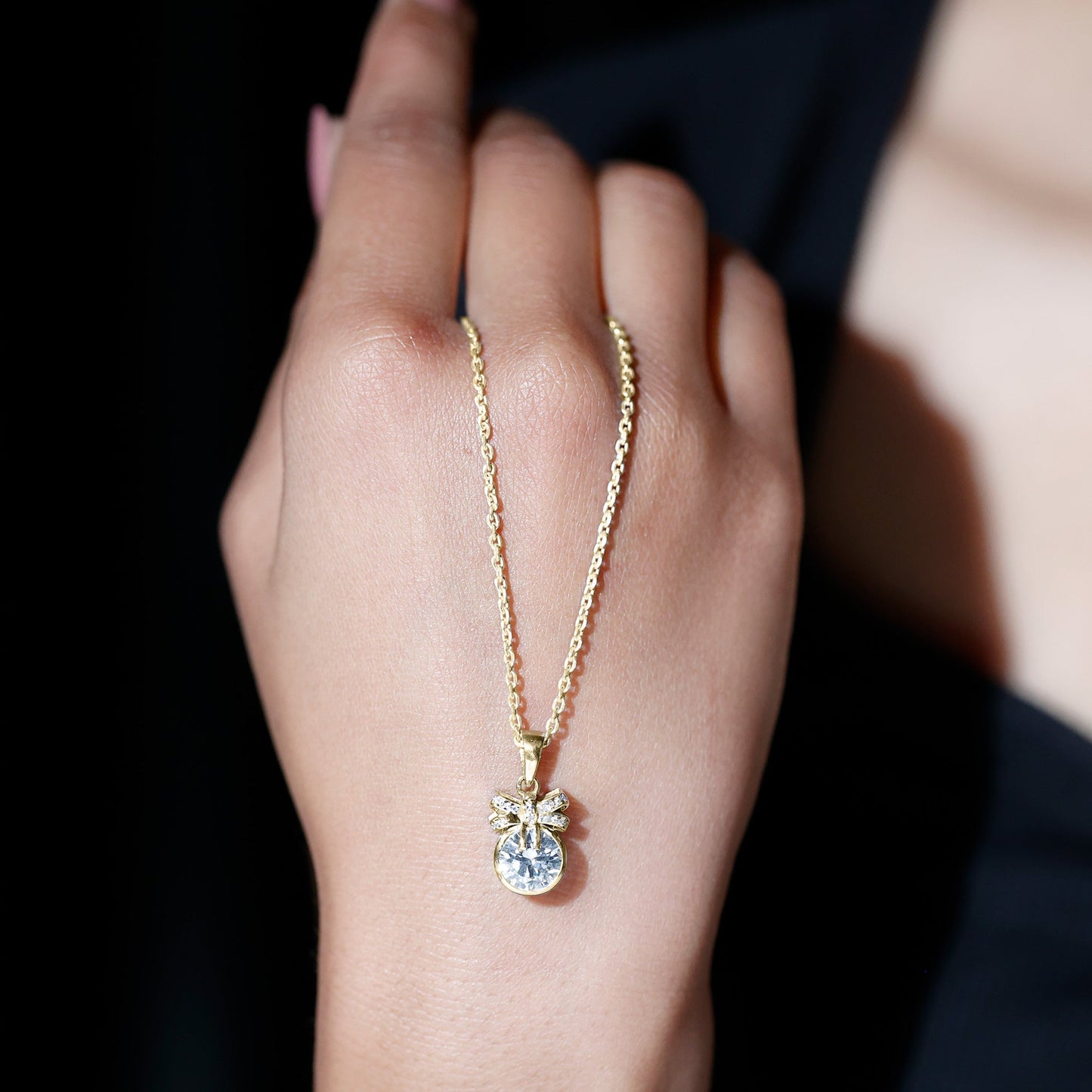 Bezel Set Lab Grown Diamond Solitaire Necklace With Cute Bow