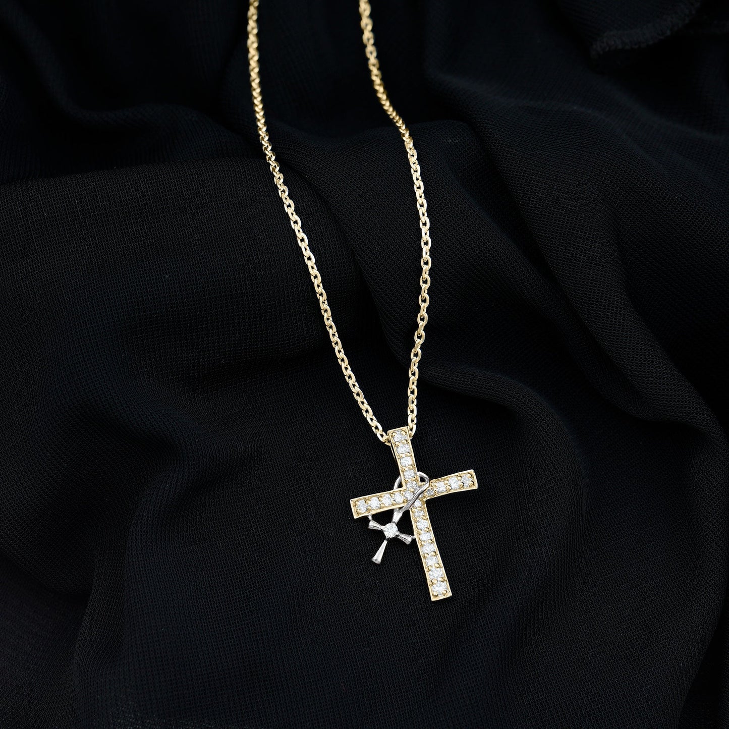 Pave Set Lab Grown Diamond Double Cross Charm Necklace