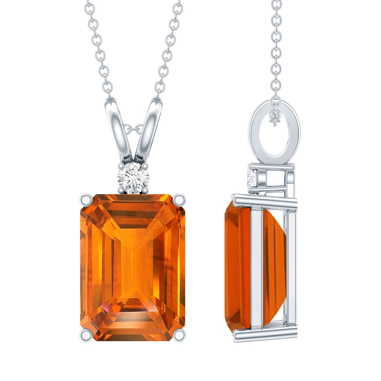 Certified 9 Carat Lab Grown Orange Sapphire Emerald Cut Necklace With Silver Chain