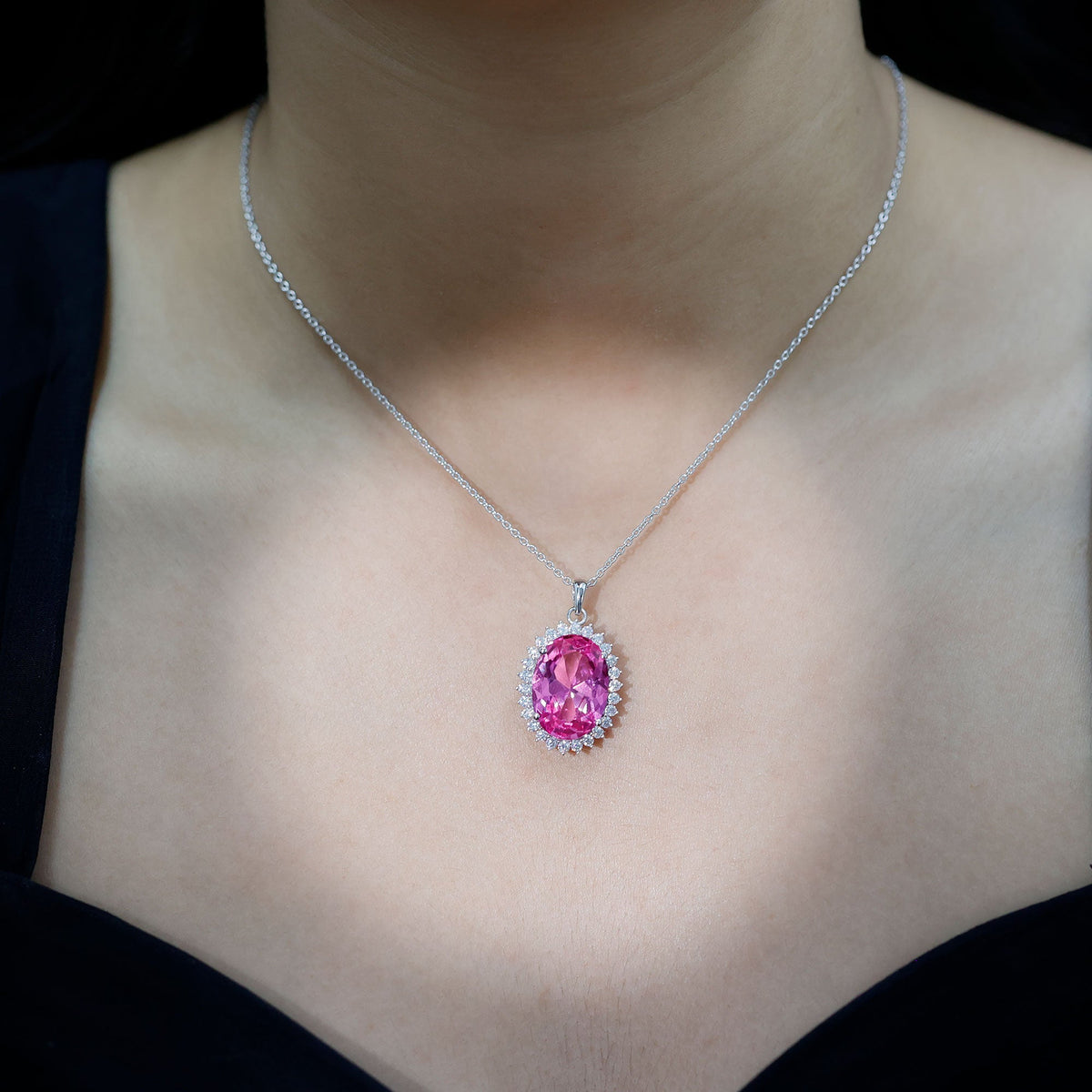 Certified 14 Carat Lab Pink Sapphire Elegant Bridal Necklace With Silver Chain
