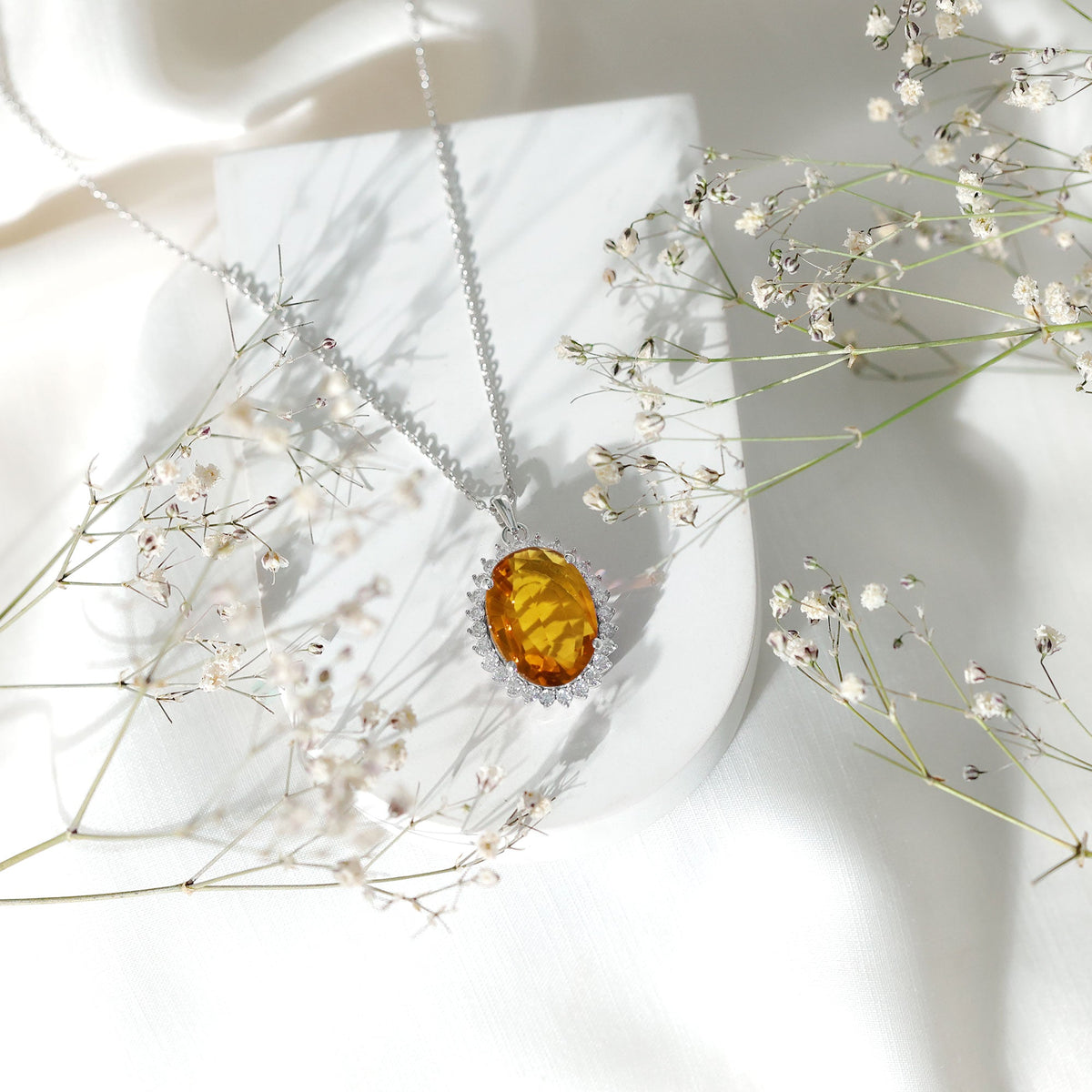 Certified 14 Carat Lab Grown Yellow Sapphire Cocktail Necklace With Silver Chain
