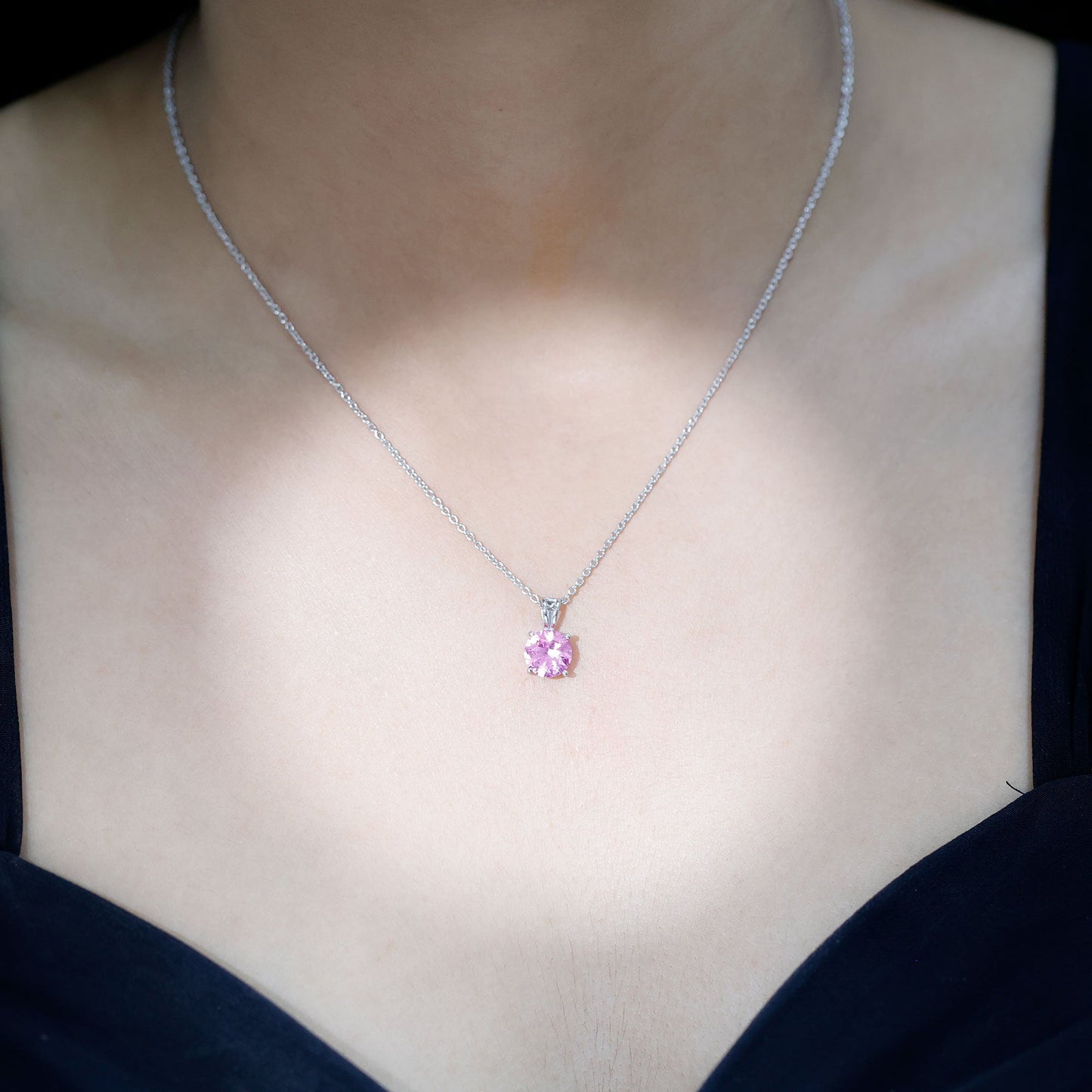 2 Carat Lab Grown Pink Sapphire Solitaire Necklace with Silver Chain
