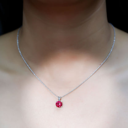 2 Carat Lab Grown Ruby Solitaire Pendant Necklace With Silver Chain