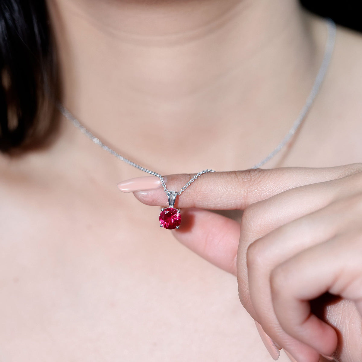 2 Carat Lab Grown Ruby Solitaire Pendant Necklace With Silver Chain