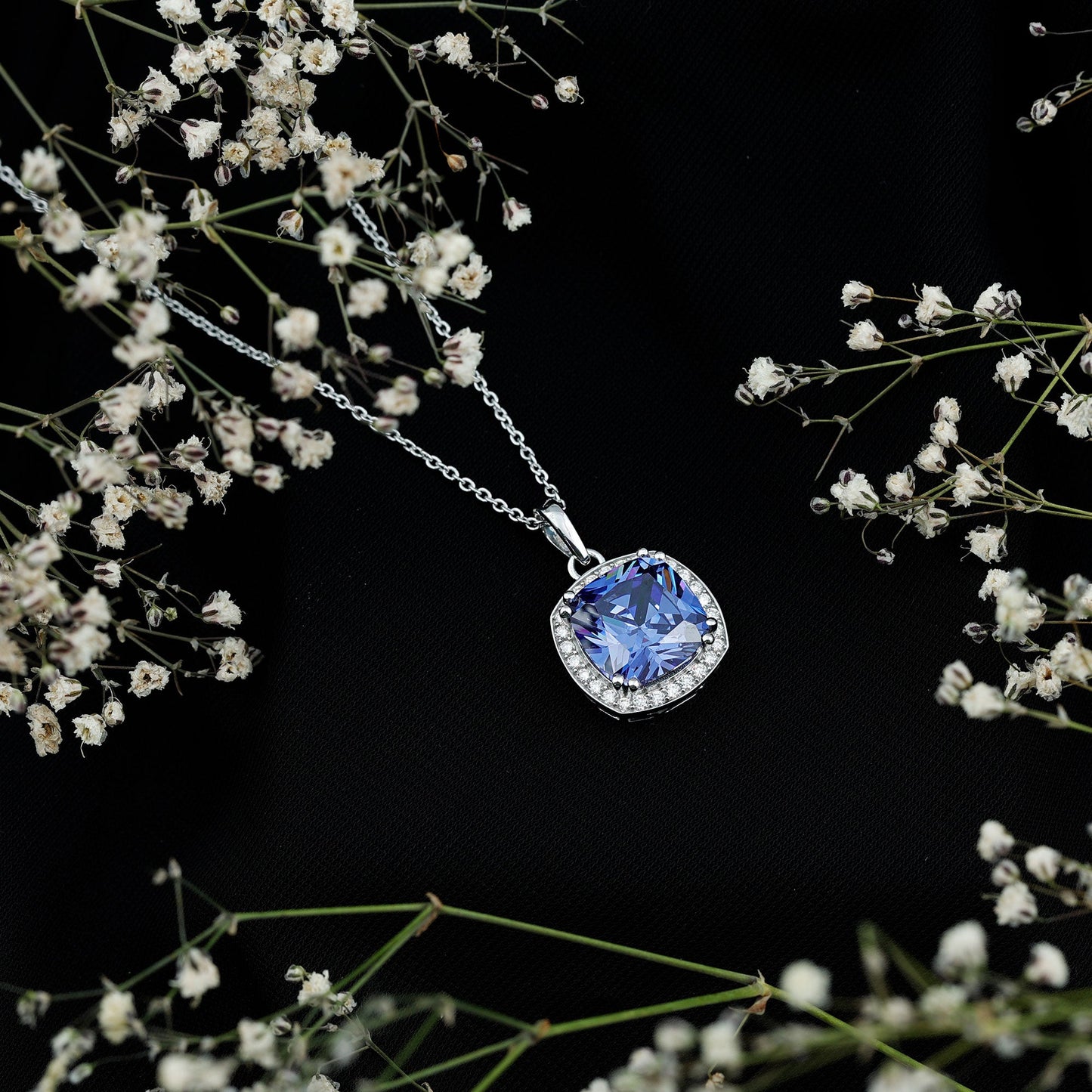 Certified 9 Carat Cushion Lab Grown Blue Sapphire Halo Necklace
