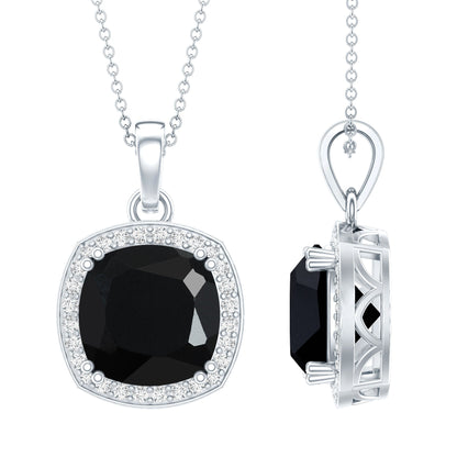 6 Carat Cushion Cut Lab Grown Black Diamond Halo Necklace with Silver Chain