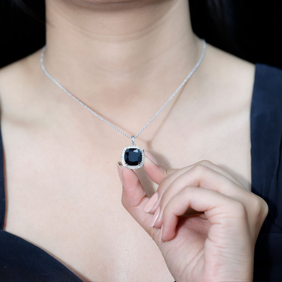 6 Carat Cushion Cut Lab Grown Black Diamond Halo Necklace with Silver Chain