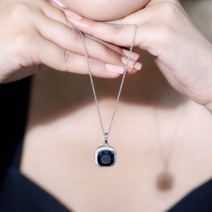 6 Carat Cushion Cut Lab Grown Black Diamond Halo Necklace with Silver Chain