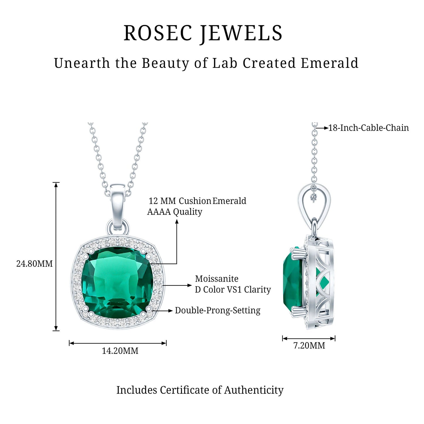 9 Carat Lab Grown Emerald Statement Necklace with Moissanite Halo