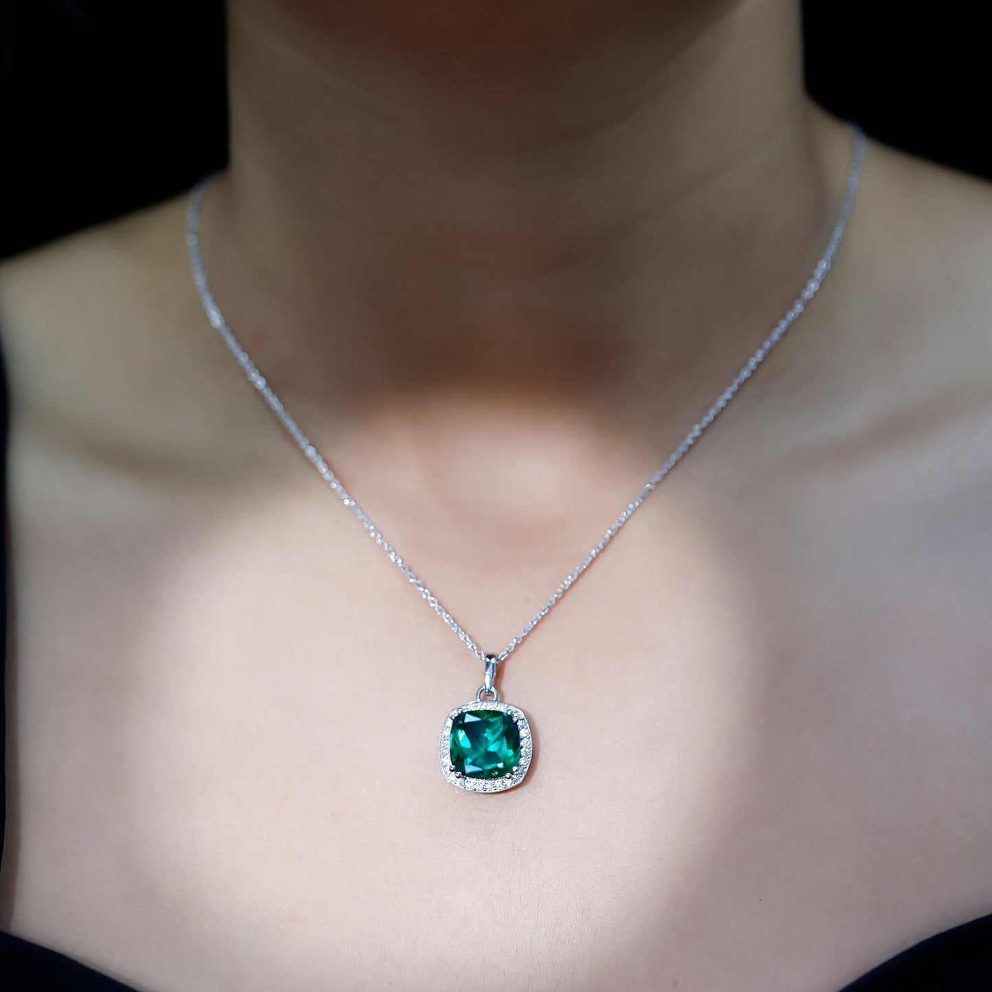9 Carat Lab Grown Emerald Statement Necklace with Moissanite Halo