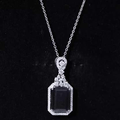 Vintage Style 9 Carat Lab Grown Black Diamond Emerald Cut Necklace With Moissanite Halo