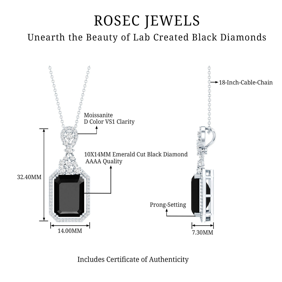 Vintage Style 9 Carat Lab Grown Black Diamond Emerald Cut Necklace With Moissanite Halo
