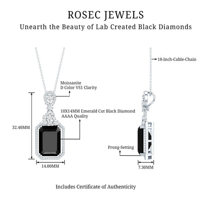 Vintage Style 9 Carat Lab Grown Black Diamond Emerald Cut Necklace With Moissanite Halo