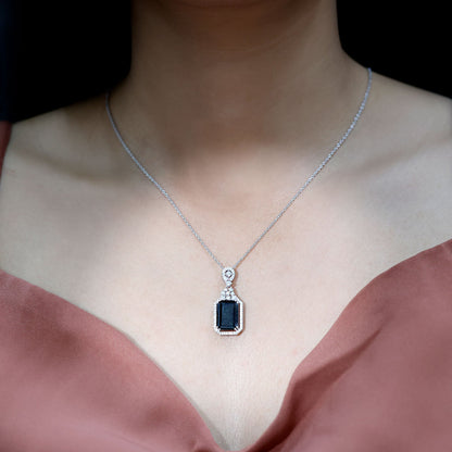 Vintage Style 9 Carat Lab Grown Black Diamond Emerald Cut Necklace With Moissanite Halo