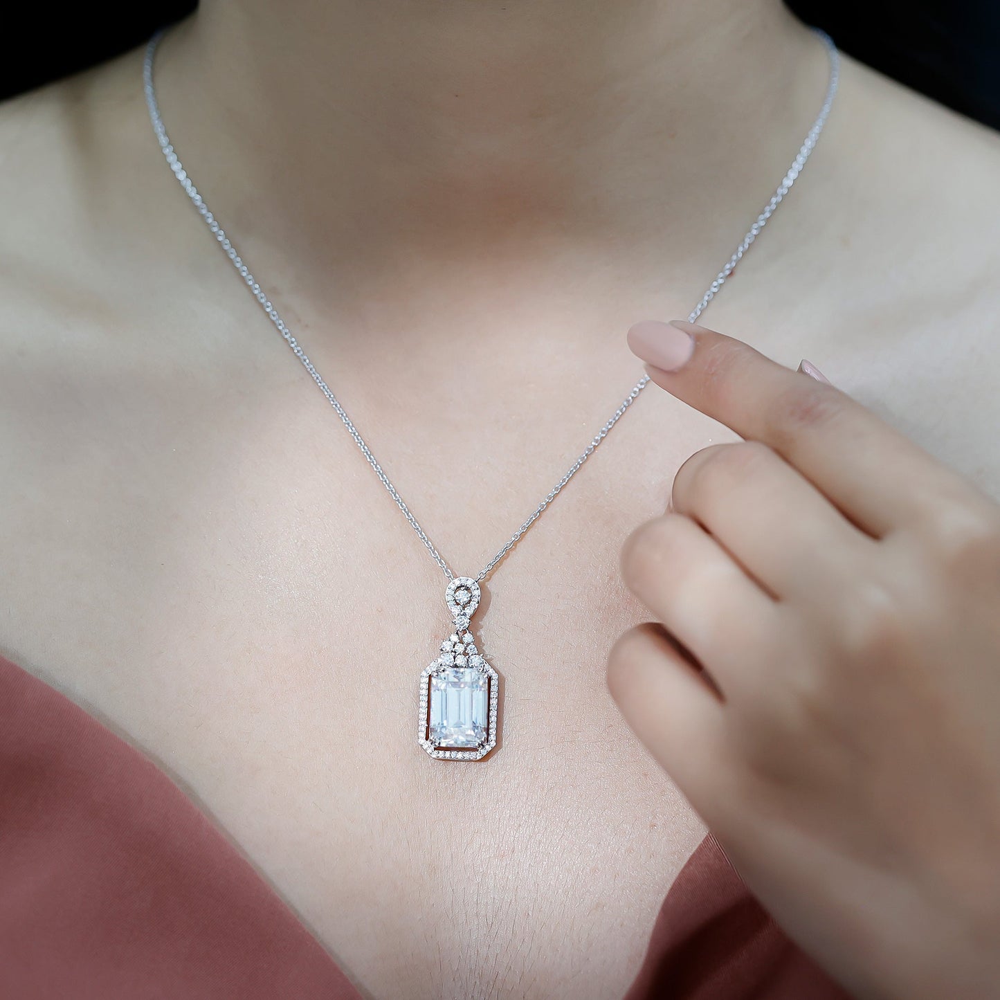 4.5 Carat Emerald Cut Moissanite Wedding Necklace with Silver Chain