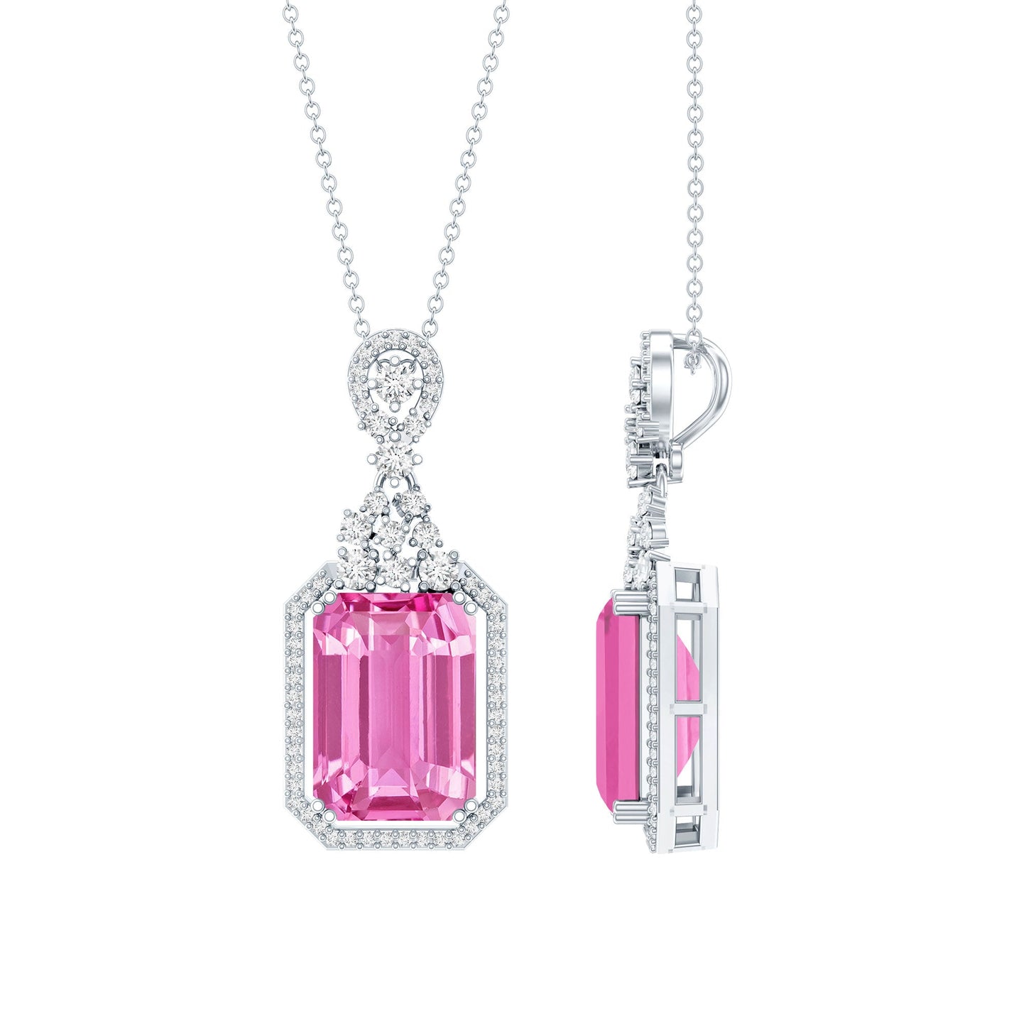 9 Carat Lab Grown Pink Sapphire Art Deco Necklace With Silver Chain