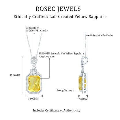 Certified 9 Carat Lab Grown Yellow Sapphire Art Deco Necklace with Moissanite