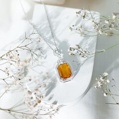 Certified 9 Carat Lab Grown Yellow Sapphire Art Deco Necklace with Moissanite