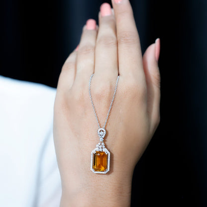 Certified 9 Carat Lab Grown Yellow Sapphire Art Deco Necklace with Moissanite
