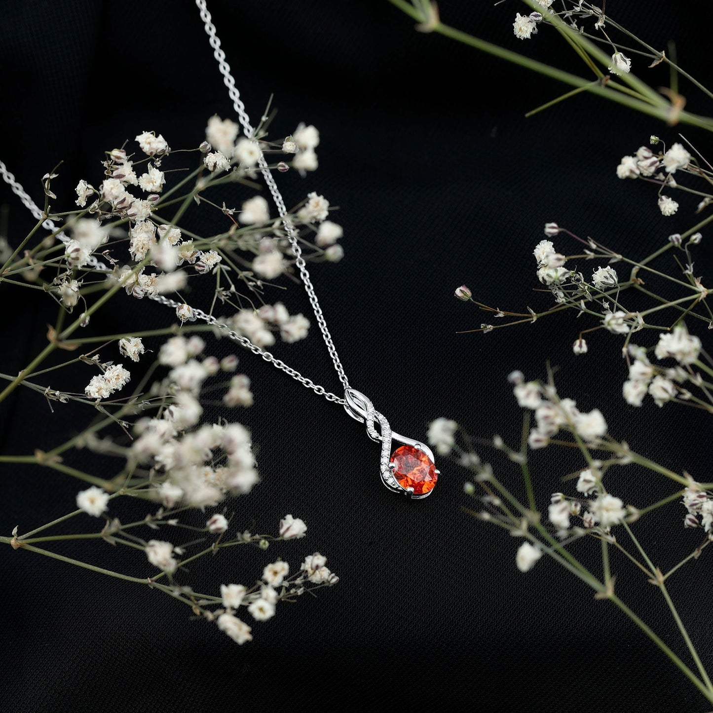 1.5 Carat Lab Grown Orange Sapphire Infinity Pendant Necklace with Moissanite