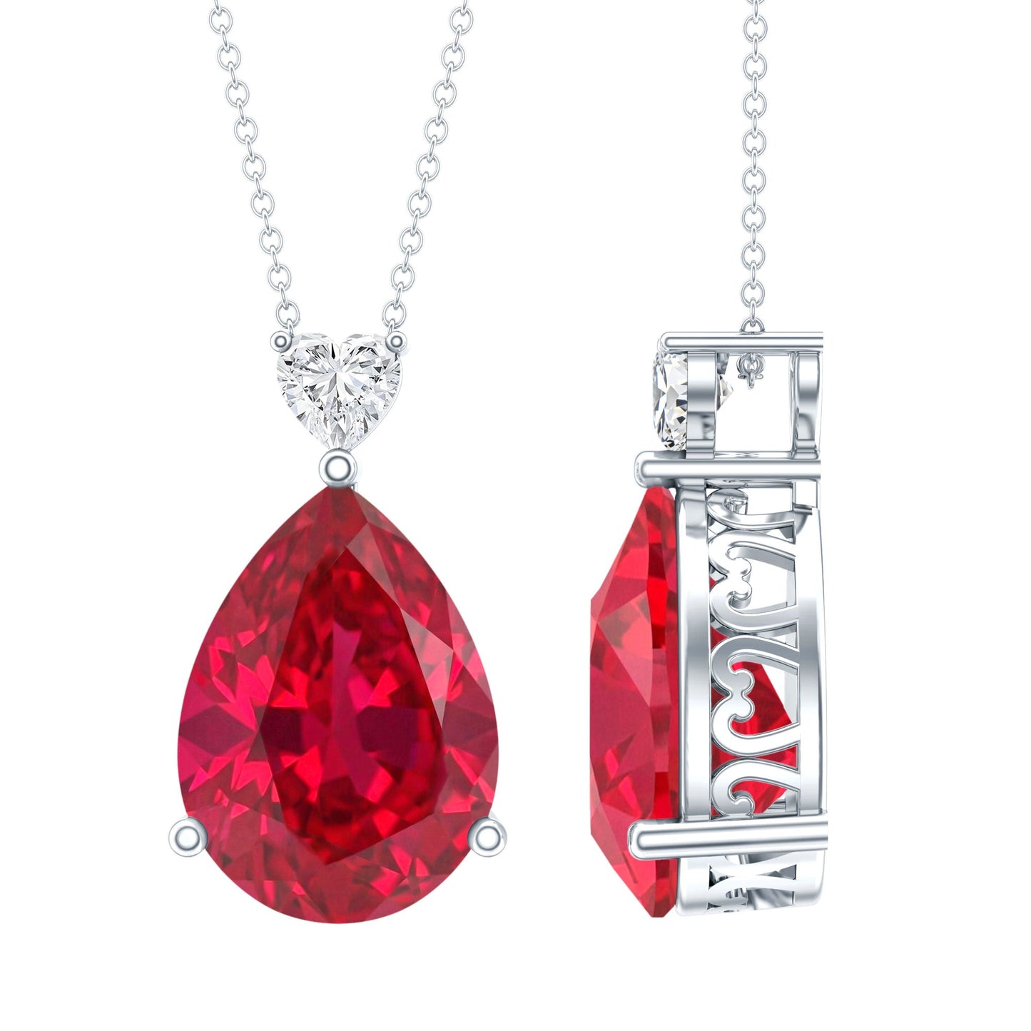 Certified 9 Carat Lab Grown Ruby Teardrop Necklace with Heart Moissanite