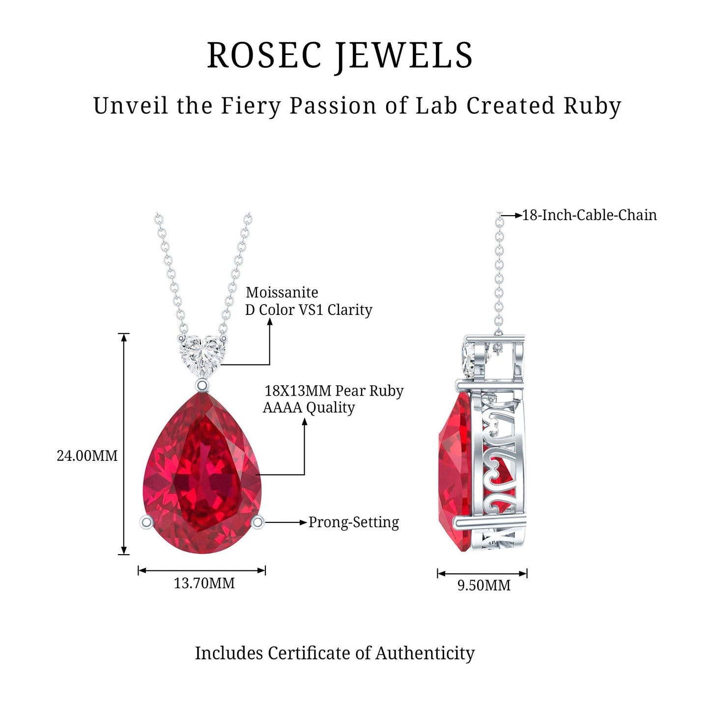 Certified 9 Carat Lab Grown Ruby Teardrop Necklace with Heart Moissanite