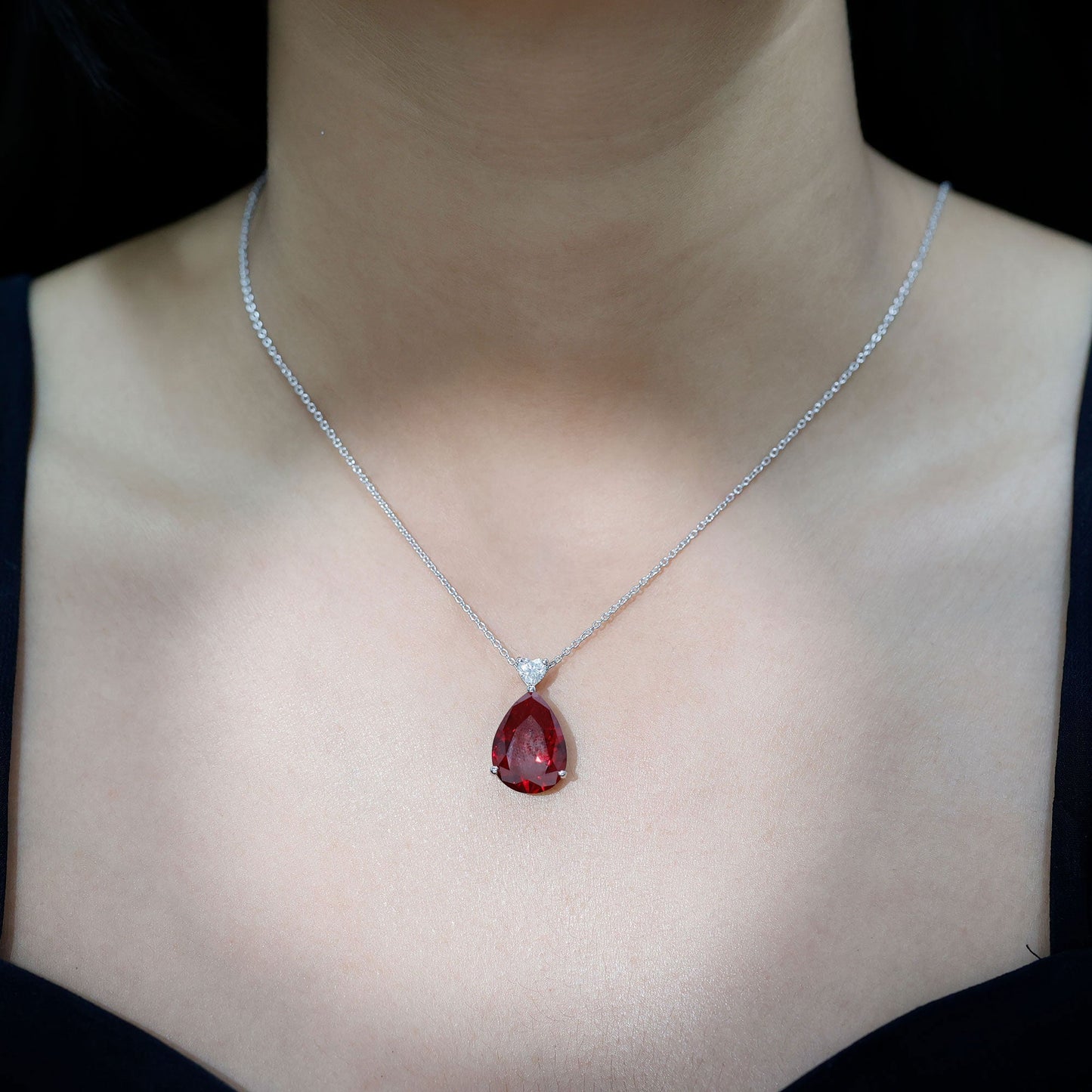 Certified 9 Carat Lab Grown Ruby Teardrop Necklace with Heart Moissanite