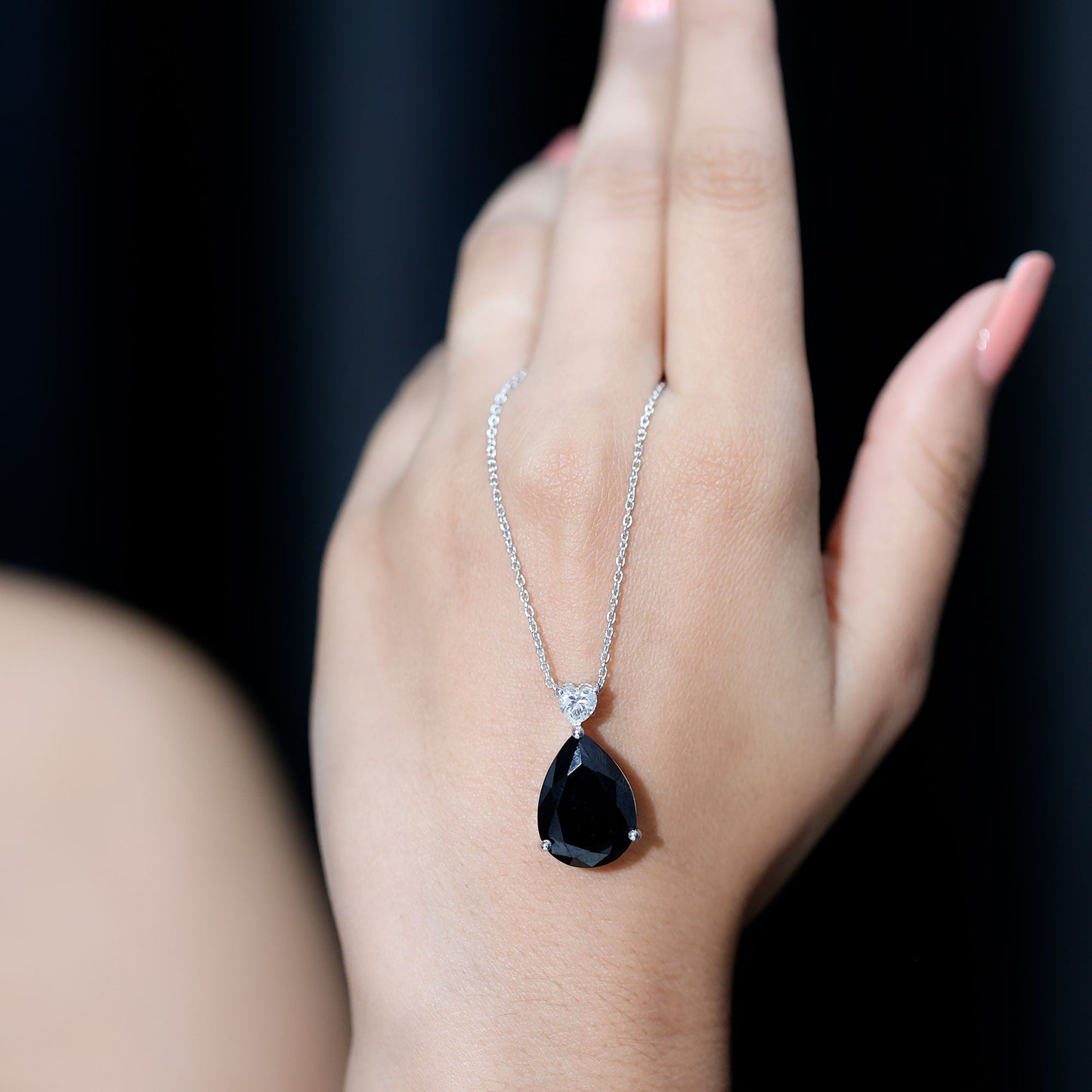 Certified 9 Carat Lab Grown Black Diamond Teardrop Necklace With Silver Chain