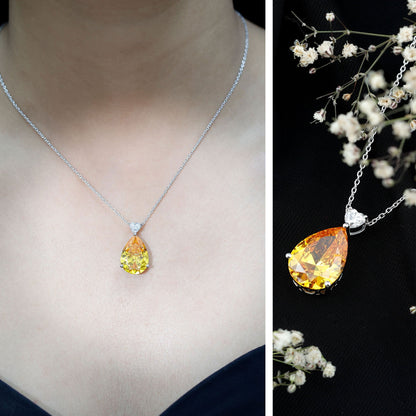 9 Carat Lab Grown Yellow Sapphire Teardrop Pendant Necklace with Silver Chain