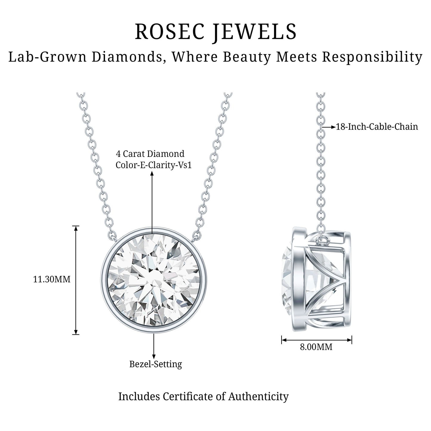 4 Carat Bezel Set Lab Grown Diamond Necklace with IGI Certificate