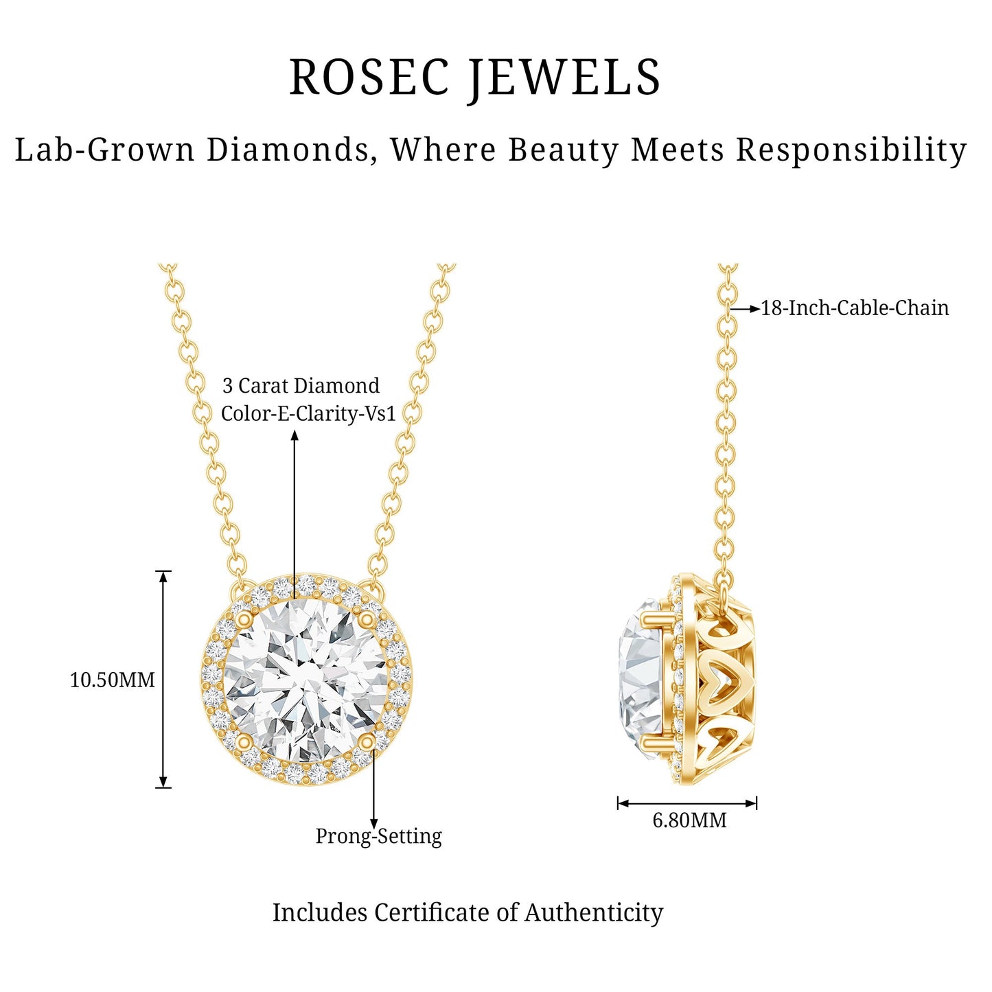 IGI Certified 3 Carat Lab Grown Diamond Necklace with Halo