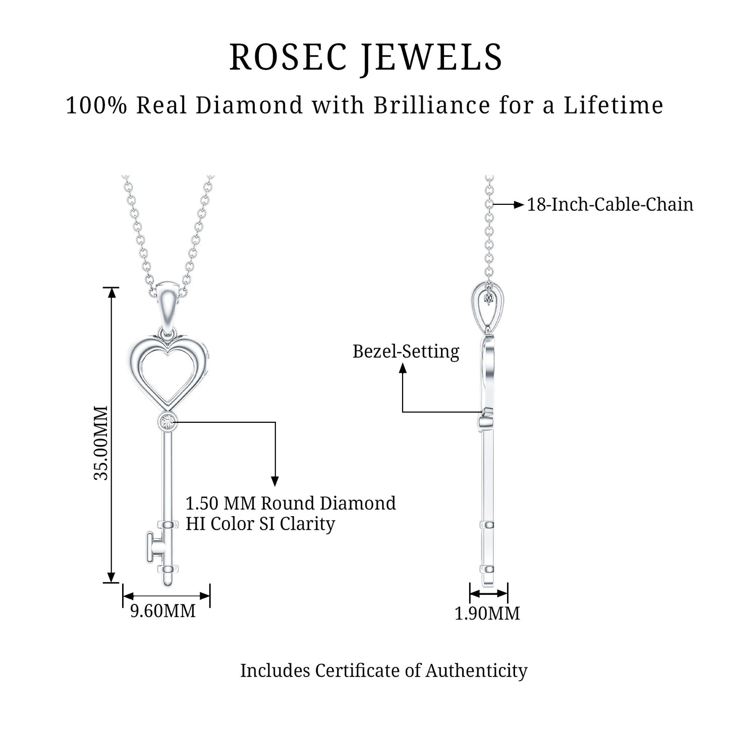 Diamond Heart Key Pendant Necklace For Women