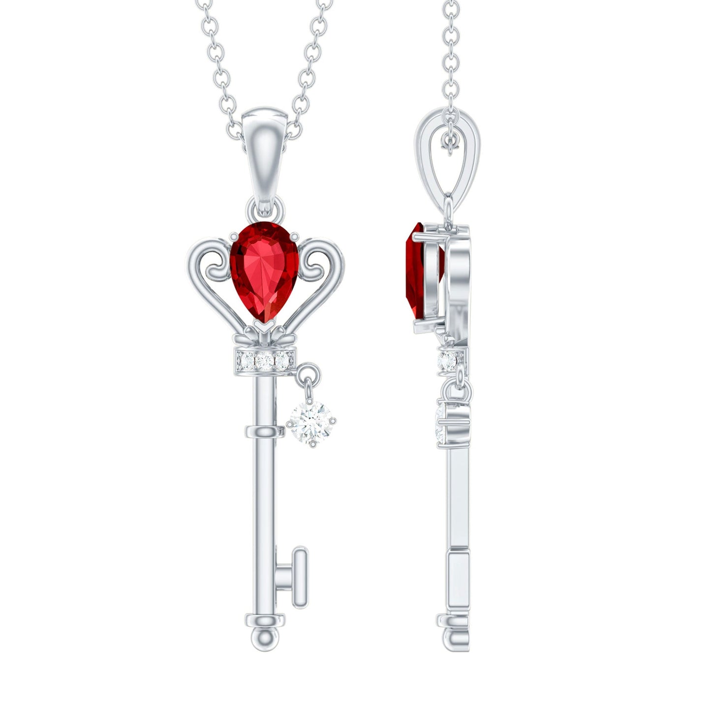 Vintage Inspired Lab Grown Ruby and Diamond Key Pendant Necklace