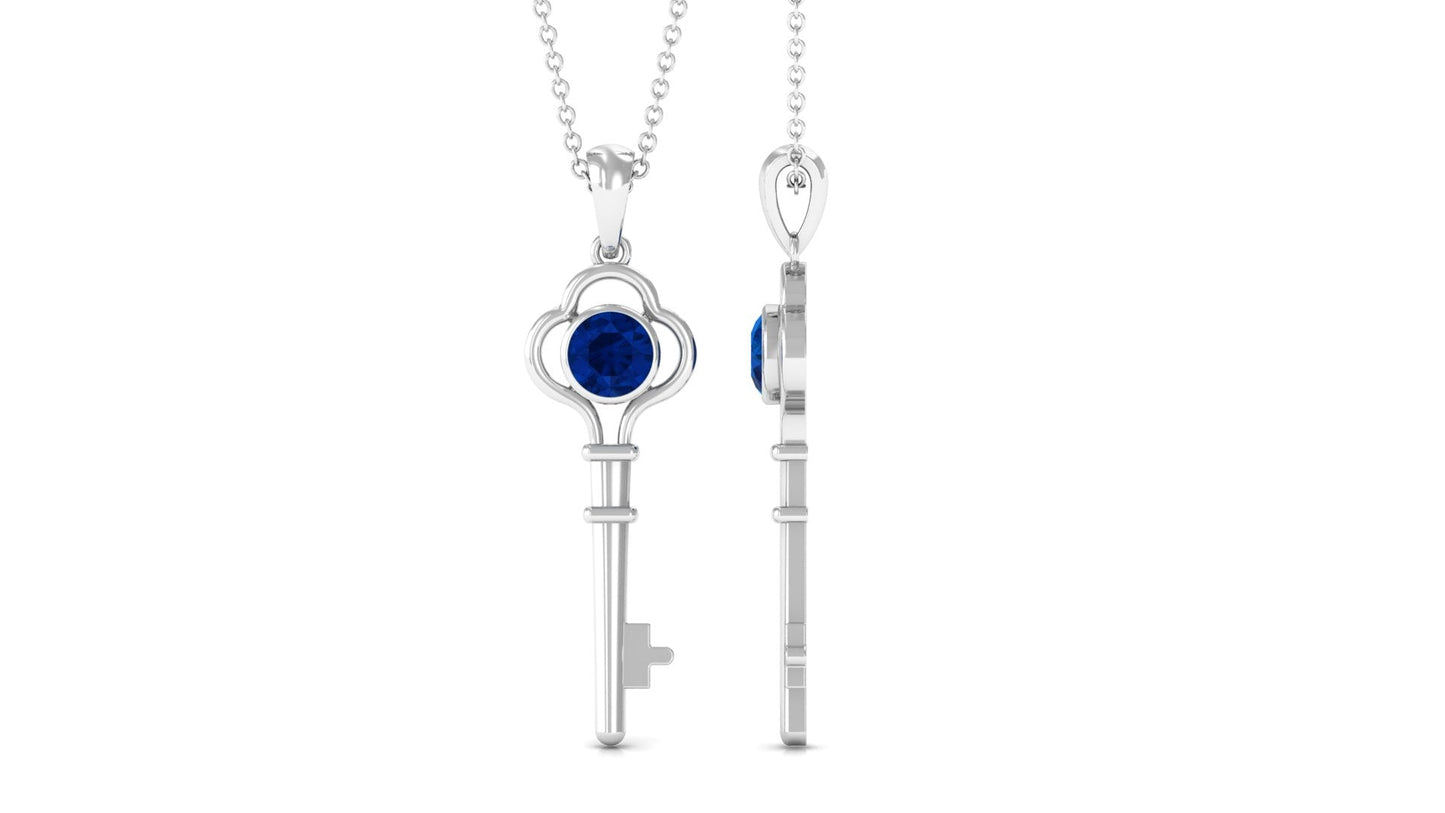 Natural 0.9 Carat Blue Sapphire Key Pendant Necklace for Women