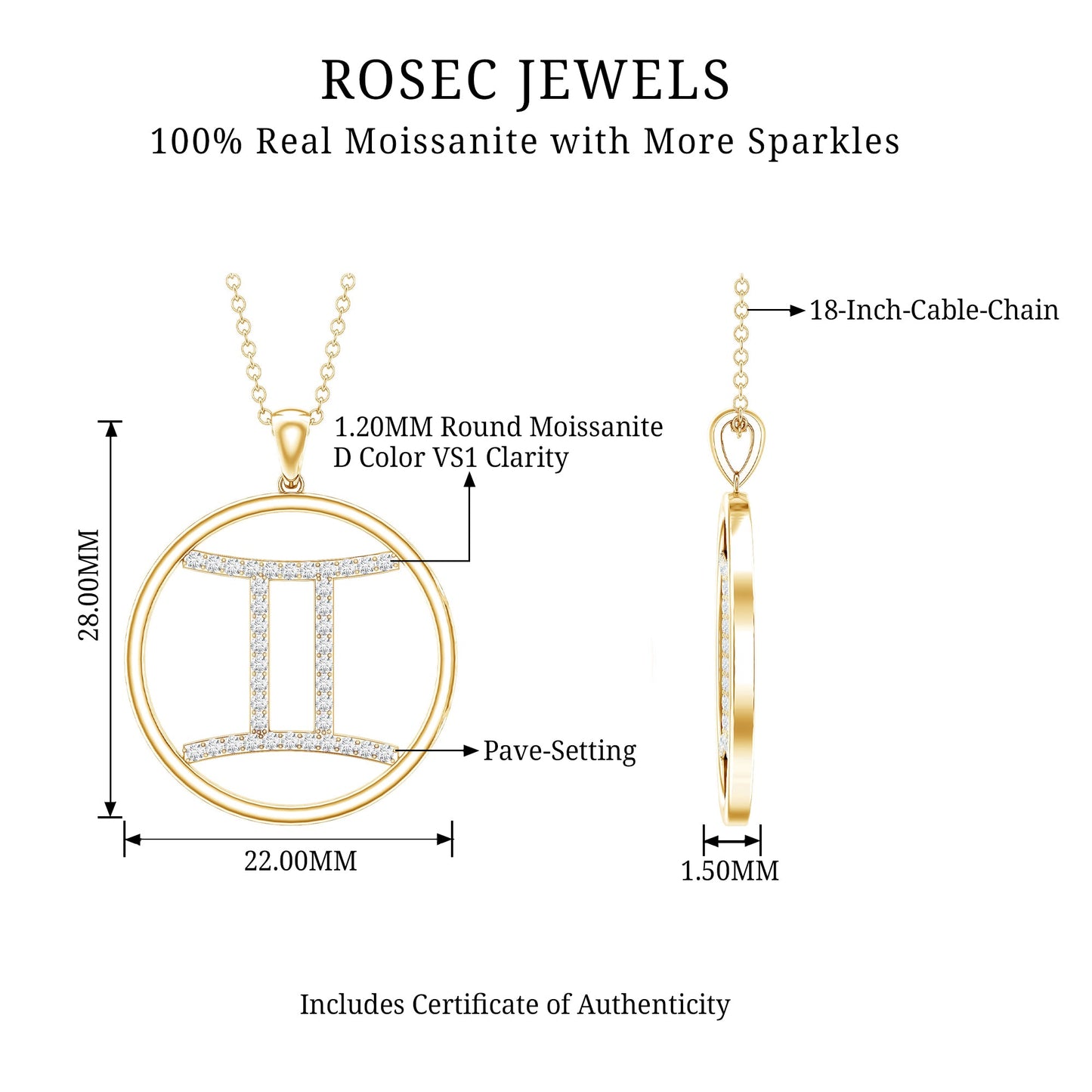 Certified Moissanite Gemini Zodiac Sign Pendant Necklace