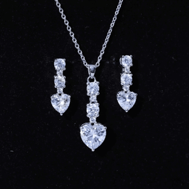 Cubic Zirconia Heart Necklace and Earrings Set in Sterling Silver