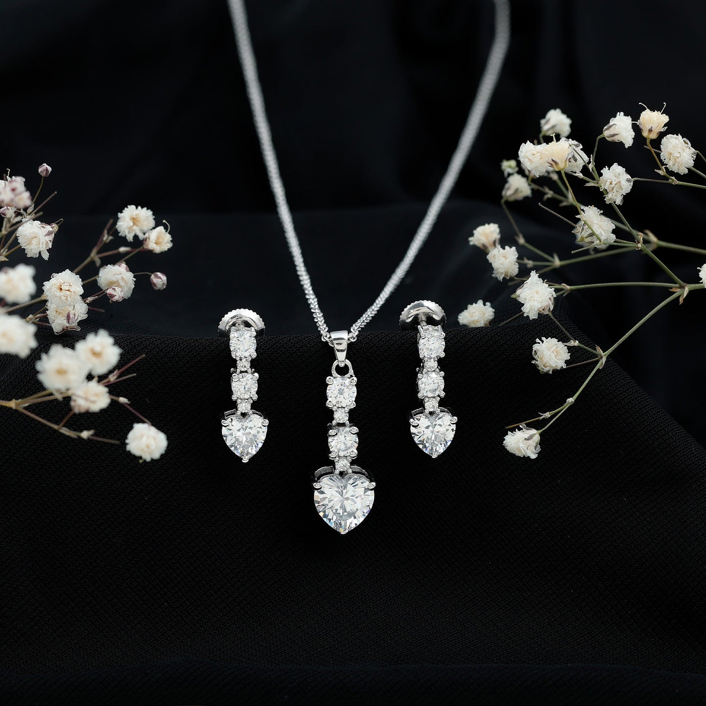 Cubic Zirconia Heart Necklace and Earrings Set in Sterling Silver