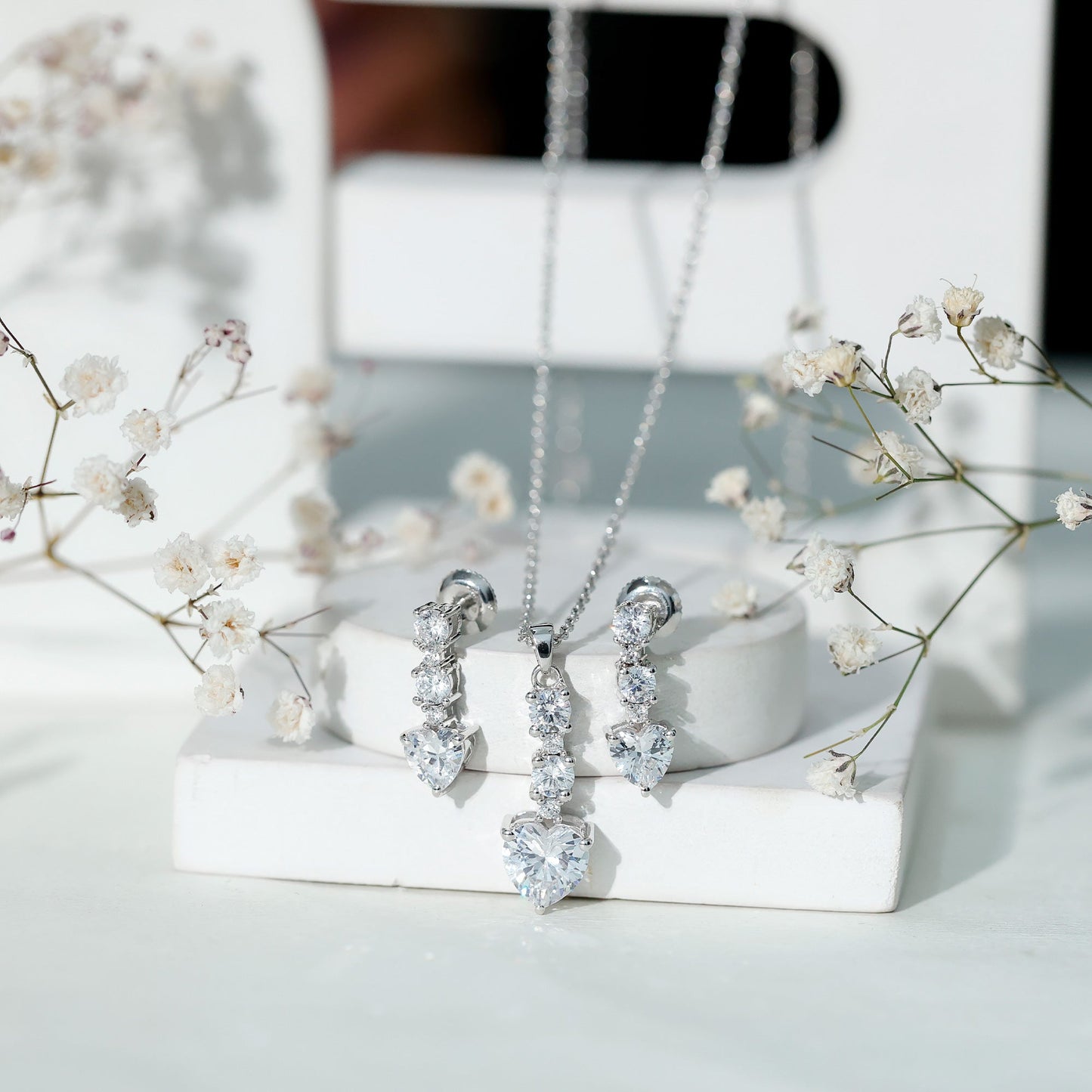 Cubic Zirconia Heart Necklace and Earrings Set in Sterling Silver