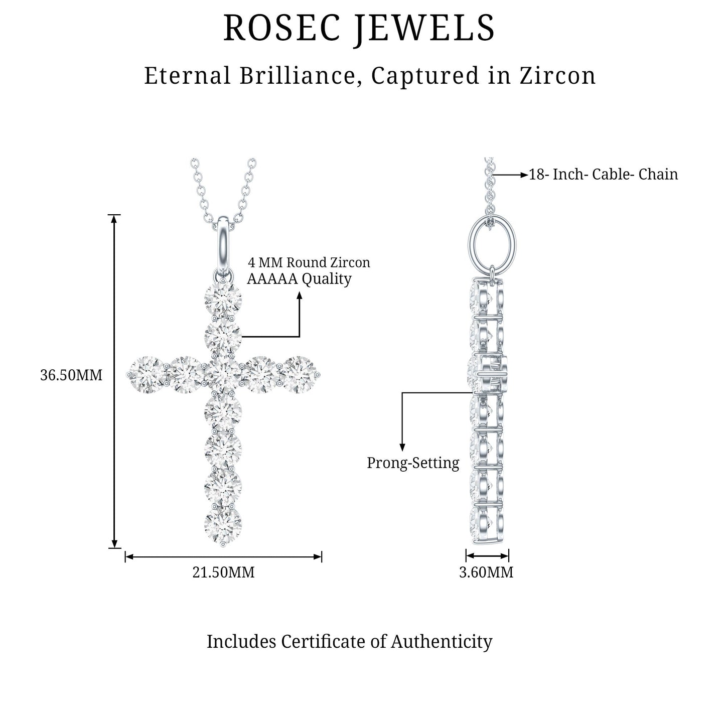 Certified Cubic Zirconia Christian Cross Necklace With Silver Chain