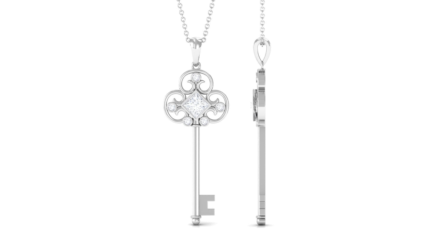 Princess Cut Moissanite Vintage Key Pendant Necklace