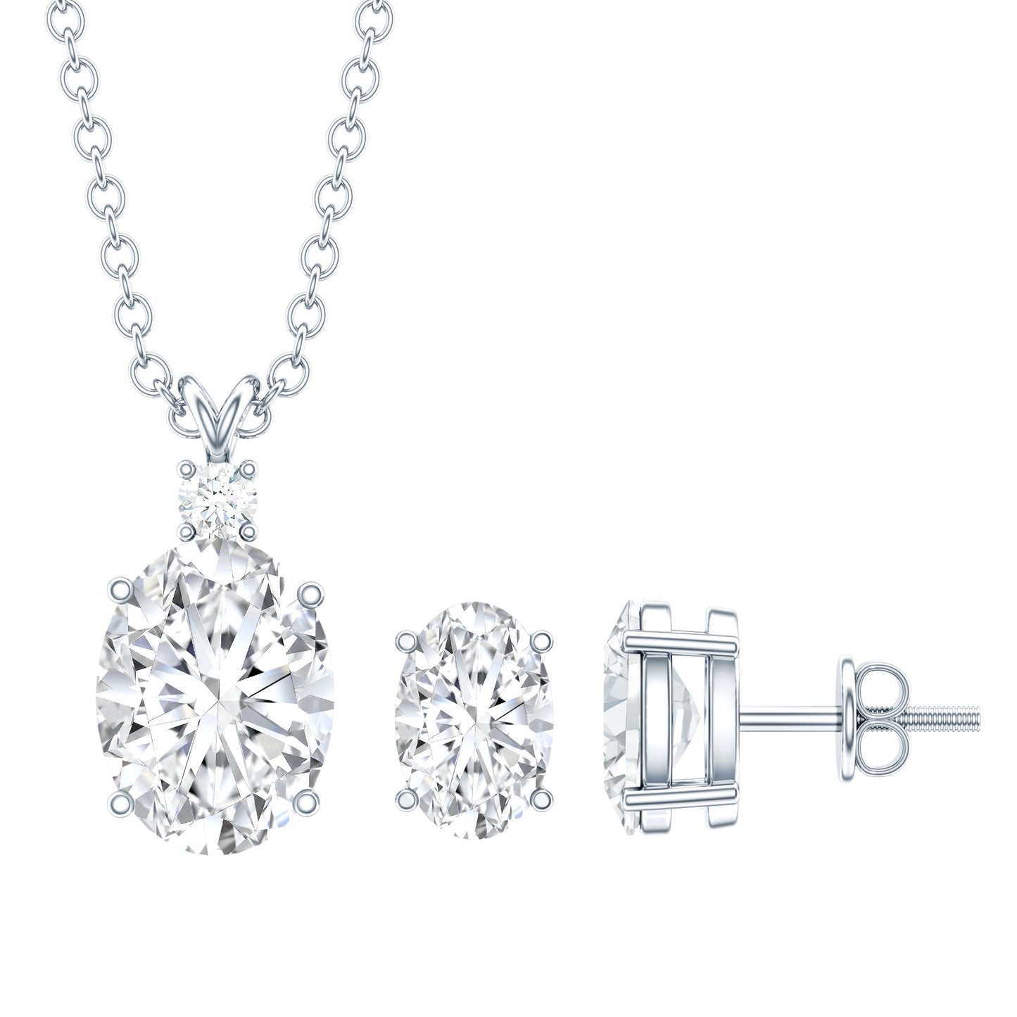 Oval Cut Cubic Zirconia Solitaire Necklace and Earrings in Silver