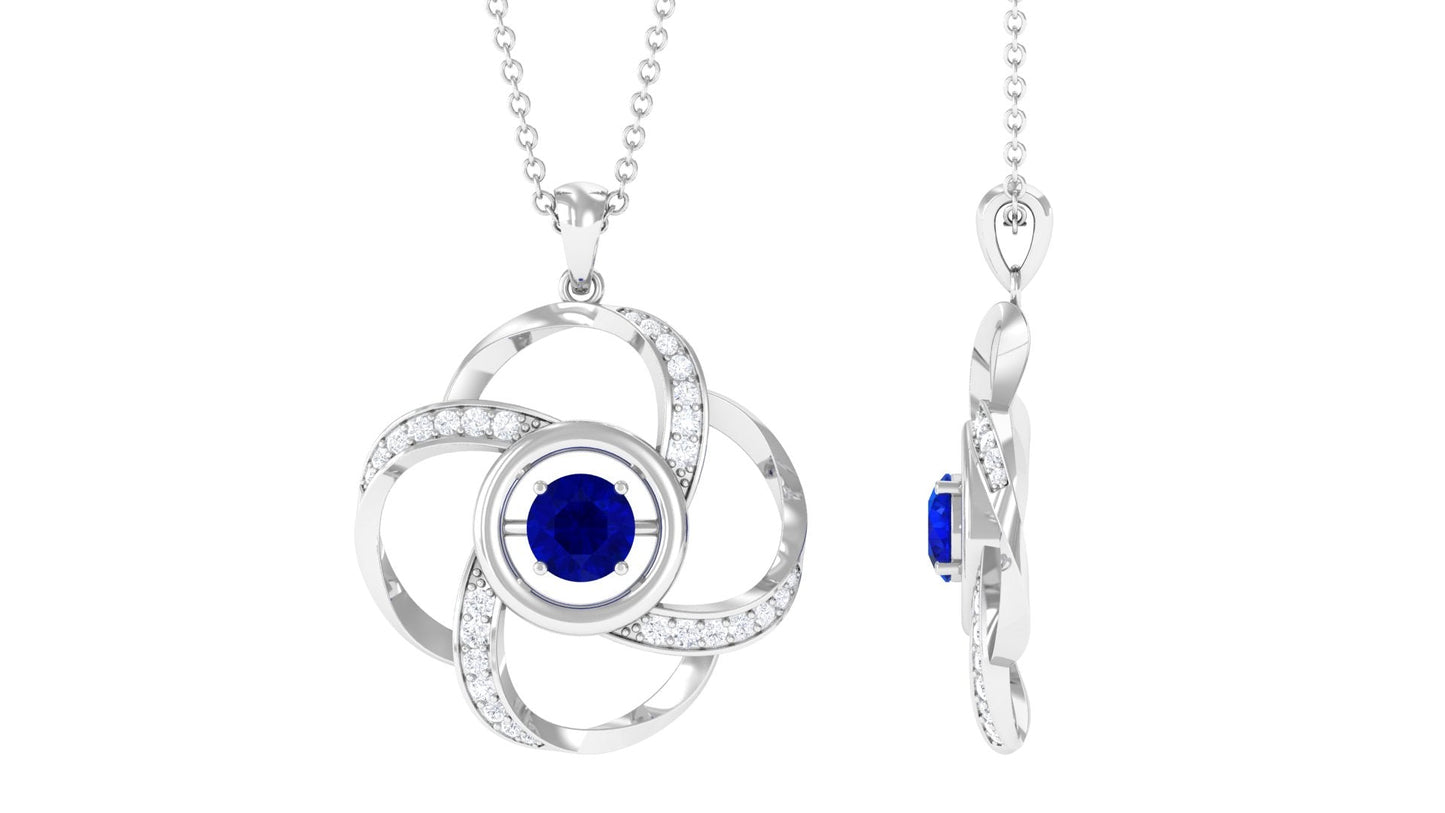 Modern Flower Pendant with Round Created Blue Sapphire and Diamond