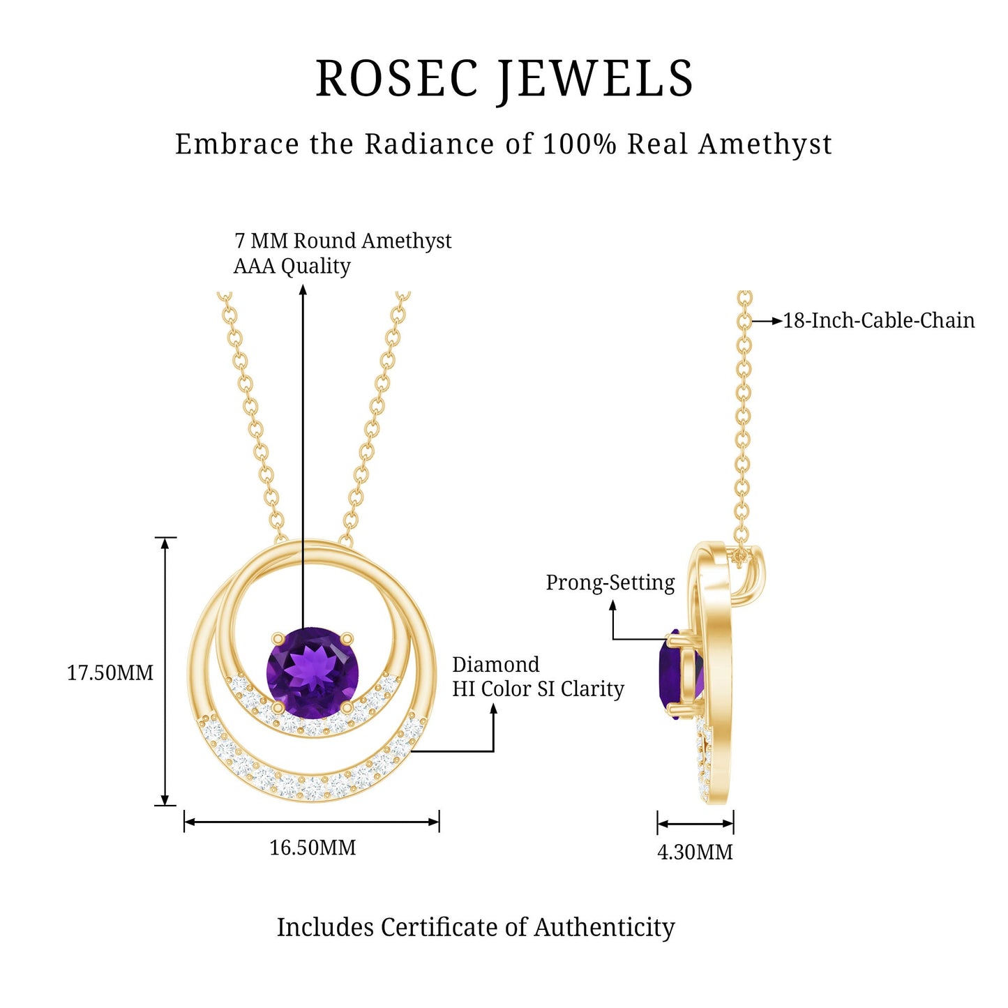 Natural 1.2 Carat Amethyst Eternity Necklace with Diamond