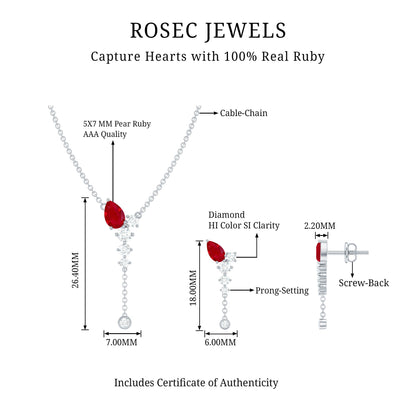 Pear Cut Ruby Dangle Necklace and Earrings Set with Diamond