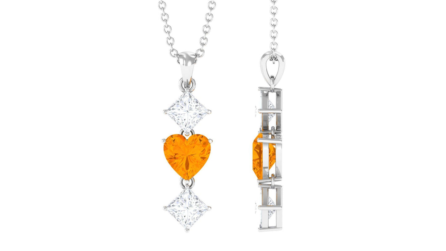 Heart Shape Fire Opal Drop Pendant with Princess Cut Moissanite